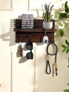 Key Holder Wall Mount, Keys and Mail Holder on Wall with Shelf, 4 Double Hooks
